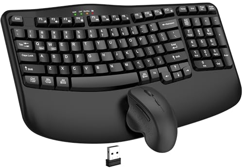 Wireless Keyboard and Mouse Combo, 2.4G Wave Keys Ergonomic Keyboard with Wrist Rest and 3 Level DPI Advanced Wireless Erg...