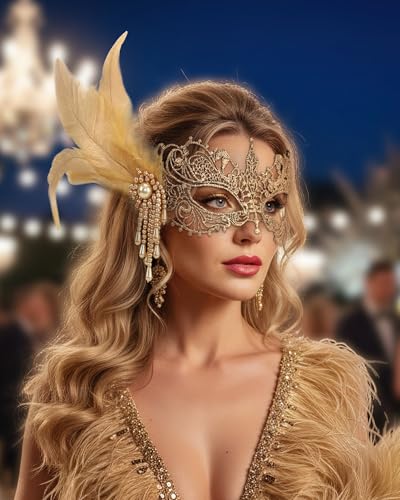 Zinniday Lace Masquerade Masks for Women - Elegant Venetian Mask 1920s 50s Antique Eyemask Feather Halloween Mask for Party