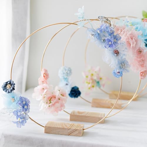 OurWarm 12Pcs 12 Inch Floral Hoop Centerpiece with Stand for Table, Metal Center Pieces with Wood Base Gold Circle Centerp...