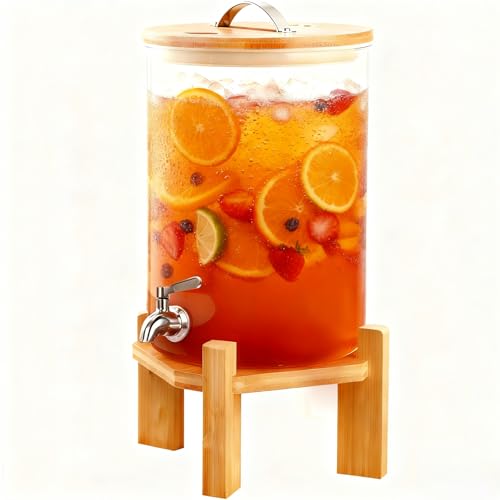2 Gallon Drink Dispenser,Glass Beverage Dispenser With Wood Stand,Large Water Drink Dispensers for Parties with Anti-block...