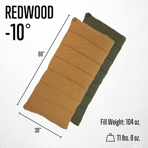 ALPS OutdoorZ Redwood -10°F Flannel-Lined Sleeping Bag with Cotton Canvas Shell, Heavy-Duty Zippers, Oversized Rectangle D...