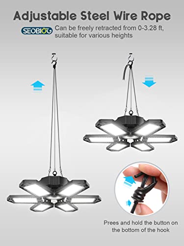 SEOBIOG 2 Pack Plug in Garage Light, Upgraded 200W 20000LM Linkable LED Shop Light, 6500K Ceiling Lights w/ 6 Deformable P...