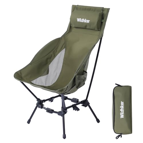 Wildhiker Portable High Back Folding Camping Chairs – Compact with Dual Sitting Modes, Pillow, Arm Pads and Side Pockets –...