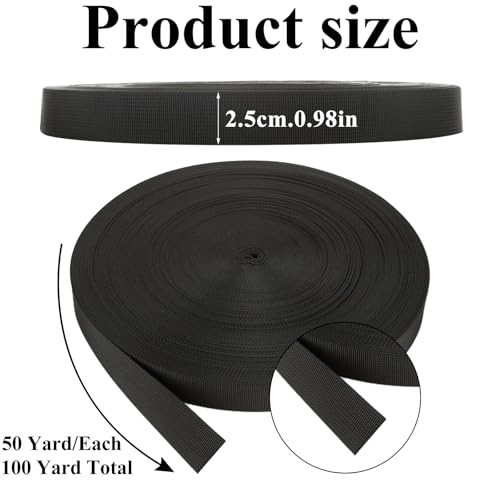 EATHEATY 2 Pcs 1 Inch Black Polypropylene Webbing - 50 Yards Heavy Duty Climbing Strap - Strong Durable Outdoor Webbing fo...