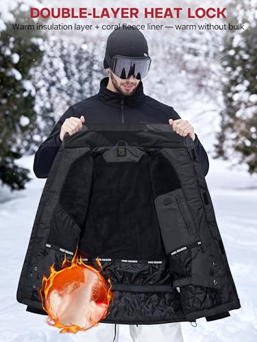 FREE SOLDIER Men's Waterproof Ski Jacket Fleece Lined Warm Winter Snow Coat with Hood Fully Taped Seams