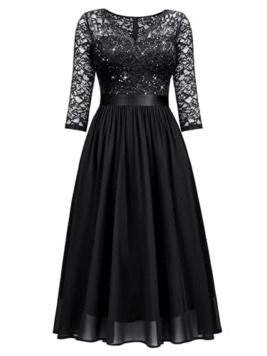 Miusol Women's Elegant V Neck Sequin Lace Sleeve Bridesmaid Party A-line Dress