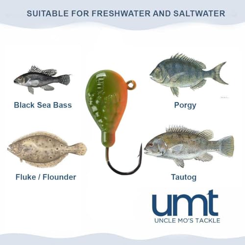 UMT Flat Head 1.5oz Rockaway Wrecker Blackfish Jig Orange/Green – for Blackfish, Porgy, Fluke, Sea Bass – 1, 5, 10 Pack Bu...