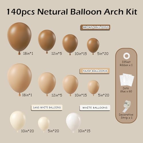 140Pcs Netural Balloon Garland Arch Kit, 5 10 12 18inch Brown Beige Nude Tan Balloons for Birthday Party Netural Bear Baby...
