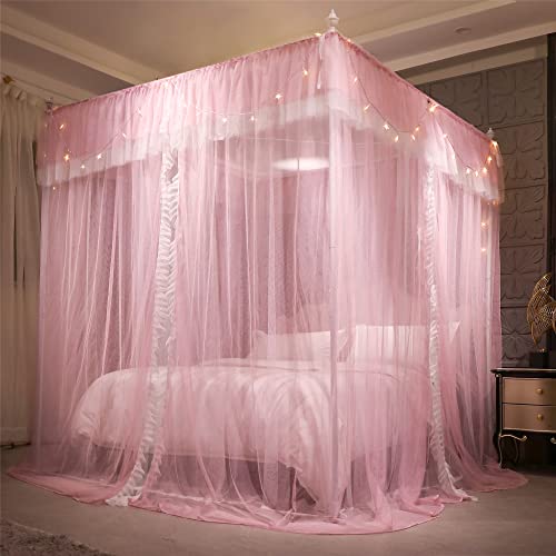 VETHIN 4 Corners Post Ruffle Princess Bed Canopy Curtain-Double Layer Cozy Drape Netting 4 Opening Mosquito Net for Girls ...