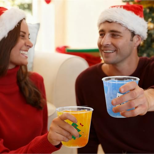 Whaline 60Pcs Christmas Plastic Cups 12 Oz Winter Snowman Gingerbread Man Santa Xmas tree Disposable Clear Stemless Wine C...