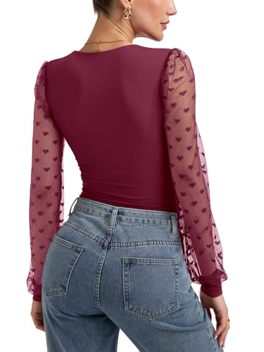PINKMSTYLE Women's Square Neck Double Lined Mesh Long Sleeve Bodysuits Slim fit Trendy Going Out Tops Shirts