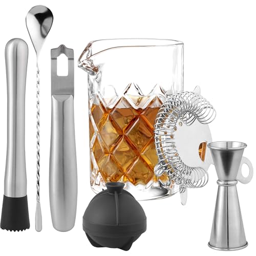 Elixir Cocktail Mixing Glass Set - 8-Piece Home Bar Bartender Cocktail Kit for Old Fashioned Negroni Martini - with Strain...