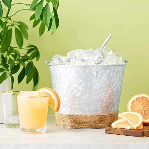 Twine Farmhouse Ice Bucket with Scoop - Beverage Tub Wrapped with Rope for Parties - Galvanized Metal Bucket Cooler & Drin...