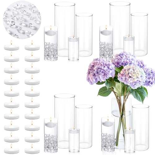FFUW 20 PCS White Floating Candles and 16 PCS Glass Vases for Centerpieces with 400 Fake Ice Acrylic Rocks Vase Filler Flo...