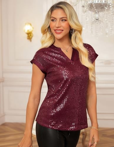 GRACE KARIN Women's Sequin Sparkly Tops Cap Sleeve Dressy Blouses Glitter Party Tops V Neck Disco Shirts Club Concert Outfits