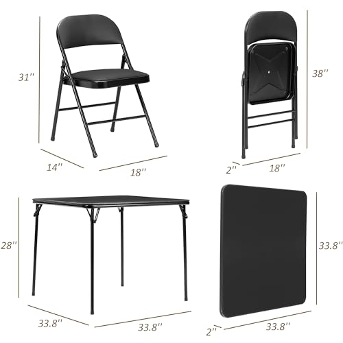 VECELO Folding Card Table and Chair Set of 5 Portable with Padded Tabletop, No Assembly Required, Black