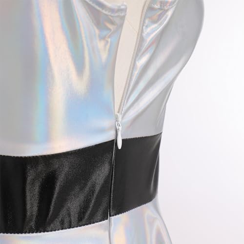 IBAKOM Women Shiny Metallic Skater Dress Disco Dance 80s Holographic Dress Hallowen Cosplay Outfits Wet Look Pleated Dress