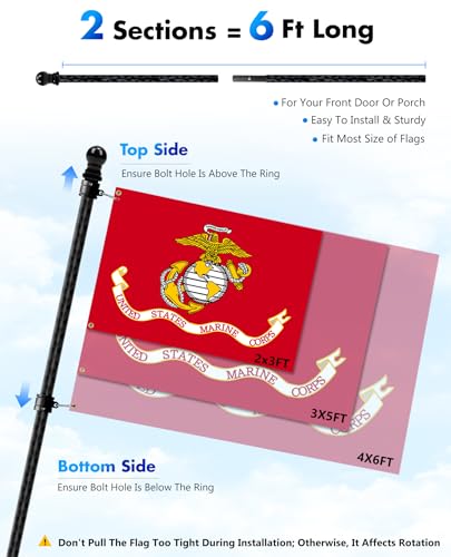 6FT Flag Pole For Outside House, Outdoor Flag Pole With Carbon Fiber, 2-Section Non-Wrapping Heavy Duty Design, Flagpoles ...