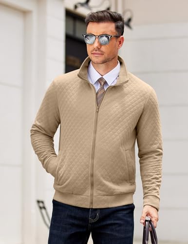 COOFANDY Mens Zip Up Sweatshirt Mock Neck Quilted Jacket Casual Lightweight Sweater Jackets with Pocket