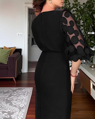 CHICME Bodycon Midi Dress for Women Mesh Puff Sleeve Slit Work Cocktail Wedding Dresses with Belt