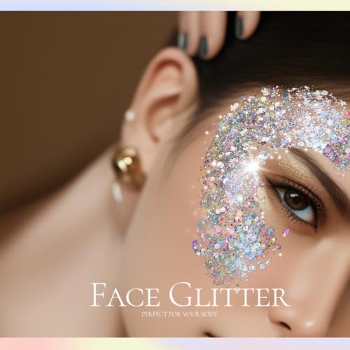 Teenitor Body Glitter, Body Glitter Gel, Hair Glitter, Face Glitter, Holographic Chunky Makeup Silver Glitter Gel for Fac...