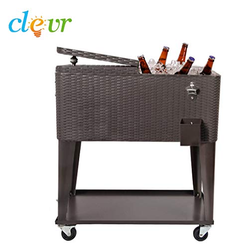 80 Quart Qt Rolling Cooler Ice Chest Cart for Outdoor Patio Deck Party, Dark Brown Wicker Faux Rattan Tub Trolley, Portabl...