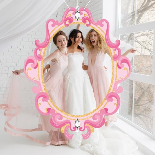 Princess Mirror Photo Booth Props Pink Princess Birthday Party Decorations 63×51 in Fabric Backdrop Mirror Themed Door Ban...