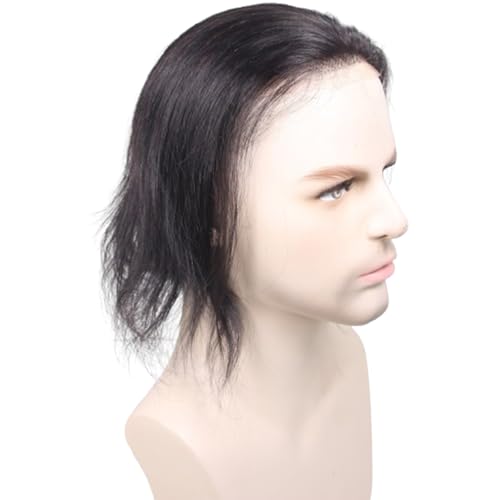 Swiss Lace Front with PU Men's Toupee Man Hairpieces Human Hair Replacement System for Men 4.5x7inch 10inches Long Hair 1B Black Color