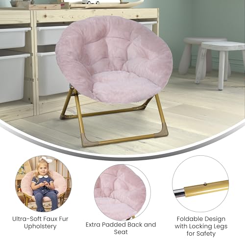 Flash Furniture Gwen Kids Cozy Mini Folding Saucer Chair - Blush Faux Fur Moon Chair - Soft Gold Metal Frame - 23" Portabl...