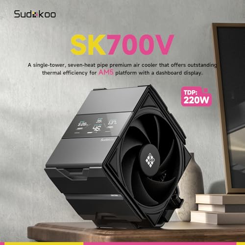 Sudokoo Sudokoo SK700V AM5 CPU Cooler, AM5 Exclusive, Digital Display, 7 Heatpipes CPU Air Cooler, Single Tower, 120mm FDB...