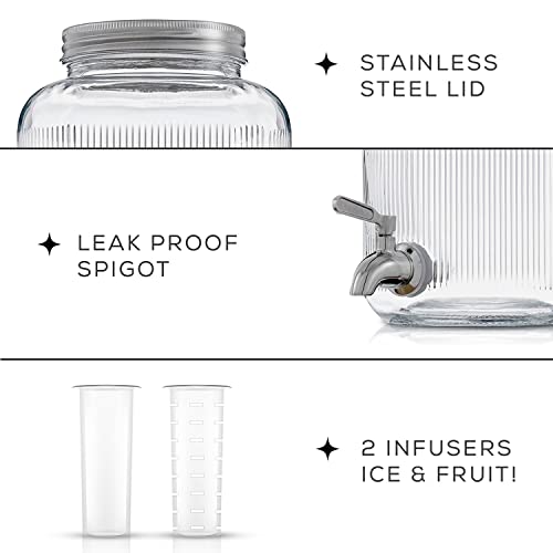 Fluted 1-Gallon Drink Dispenser. Glass Beverage Dispenser with Stainless steel Spigot plus Ice Cylinder and Fruit Infuser!...