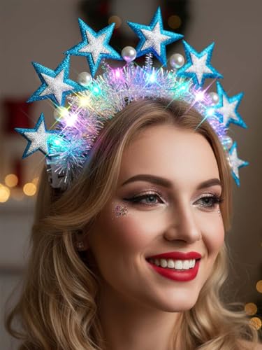 Lorealri Light Up Star Crown Headband, Blue and Silver Glitter Stars, LED Rave Party Costume Headwear Accessory for Women
