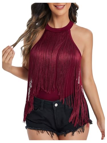 Verdusa Women's Western Fringe Tops Boho Sleeveless Bodycon Halter Bodysuit Top Cowboy Outfits