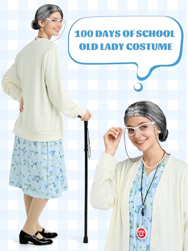 SOMSOC 8 Pieces Women Old Lady Costume Grandma Dress Cardigan with Wig Glasses Cane for 100 Days of School Cosplay