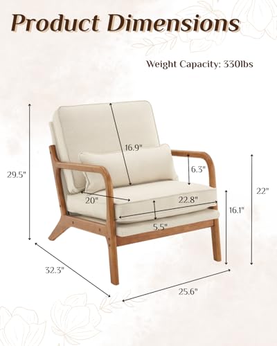 Karl home Accent Chair Mid-Century Modern Chair with Pillow Linen Fabric Upholstered Lounge Arm Chair with Solid Wood Fram...