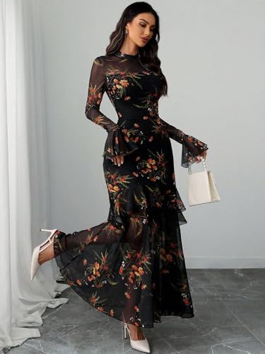 GothDark Womens Floral Maxi Dress Sheer Mesh Bell Sleeve Tiered Ruffle Gothic Romantic Casual Long Dresses