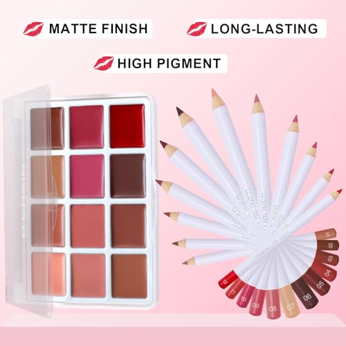 O'CHAIN 12 Matte Lipstick Palette and 12 Lip Liners, All-in-One Professional Lip Makeup Kit, Long-Lasting Waterproof Lipst...