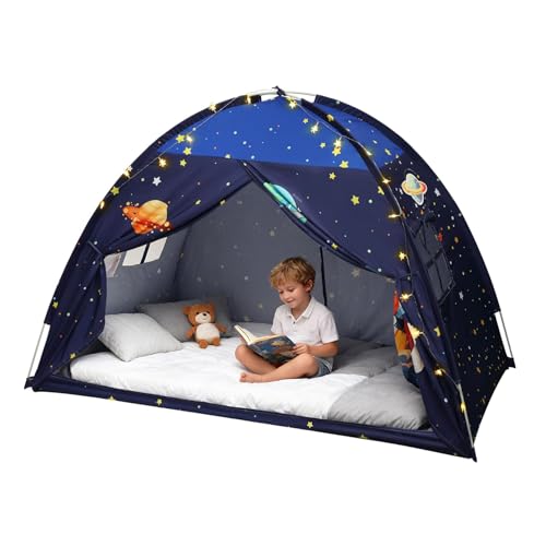 Twin Bed Tent Canopy, Space Indoor Blackout Privacy Toddler Bed Tent for Kids with Light, Portable Sleeping Floor Kids Pla...