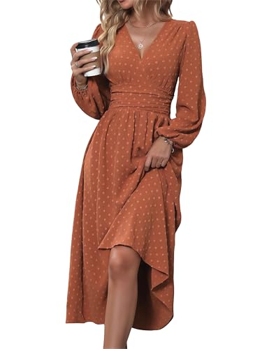 Mettclasi Women's Spring Fall Swiss Dot V Neck Maxi Dress Casual Puff Long Lantern Sleeve A-Line Flowy Dress