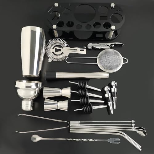 Cocktail Shaker Set, 24oz Cocktail Shaker 21-Piece Stainless Steel Bar Tools Bartending Kit with Black Acrylic Stand Cockt...
