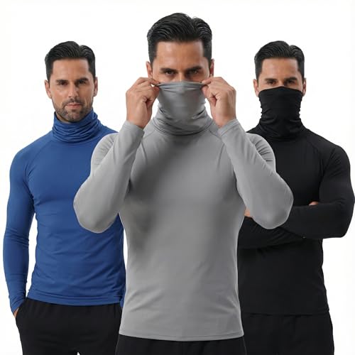 3 Pack Men's Sun Protection Shirts with Built-in Face Mask, UPF 50+ Long Sleeve Fishing Running Work Outdoor Cooling Tee