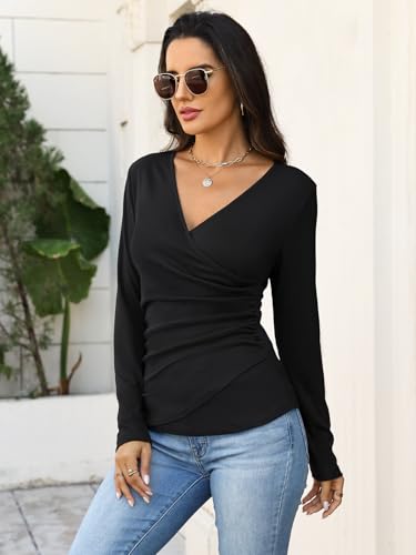 EasyGala Womens Wrap Long Sleeve Shirts Ruched V Neck Tops Sexy Dressy Slim Fit Fall Outfits 2026
