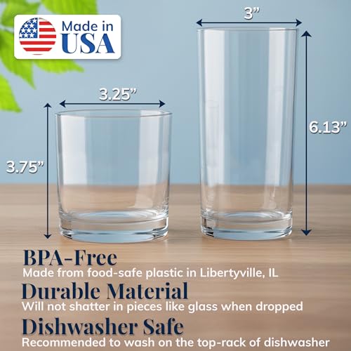 US Acrylic Classic Clear Plastic Reusable Drinking Glasses (Set of 8) 12oz Rocks & 16oz Water Cups | BPA-Free Tumblers, Ma...