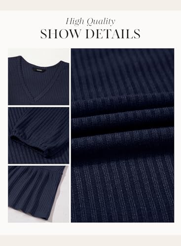 Dokotoo Spring Dresses for Women 2026 Long Sleeve V Neck Lightweight Ribbed Knit Empire Waist Casual A Line Swing Mini Dress