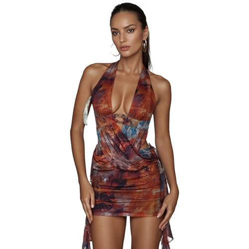 Women's Sexy Halter Tropical Printed Mini Dress Sleeveless A Line Bodycon Dress Backless Party Vacation Dresses