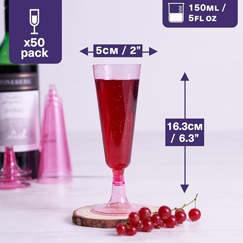MATANA 50 Glitter Pink Champagne Flutes Plastic Champagne Glasses 5 oz, Reusable Pink Plastic Wine Glasses, Copas De Plast...