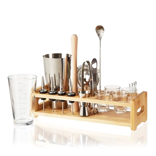 True 20-Piece Cocktail Shaker Bar Set with Wooden Stand Includes Boston Shaker, Mixing Glass, Muddler, Jigger, Strainer, B...