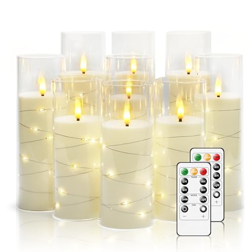 Nimiko Flickering Flameless LED Candles, 9 Pcs with Embedded Star String, Acrylic LED Pillar Candles with Remote, Suitable...