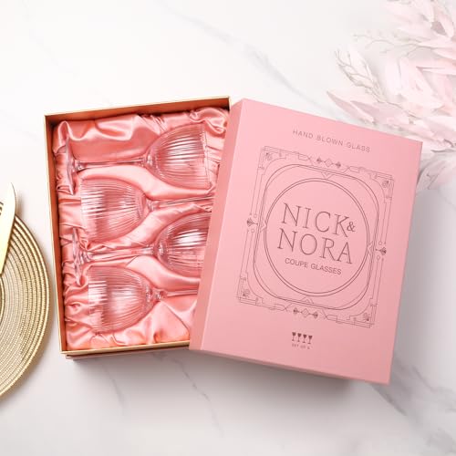 SIPBYSOP Nick and Nora Cocktail Glasses - Pink Martini Glasses, Ribbed Coupe Glasses Set of 4, 5 Oz,Valentines Day Gifts F...