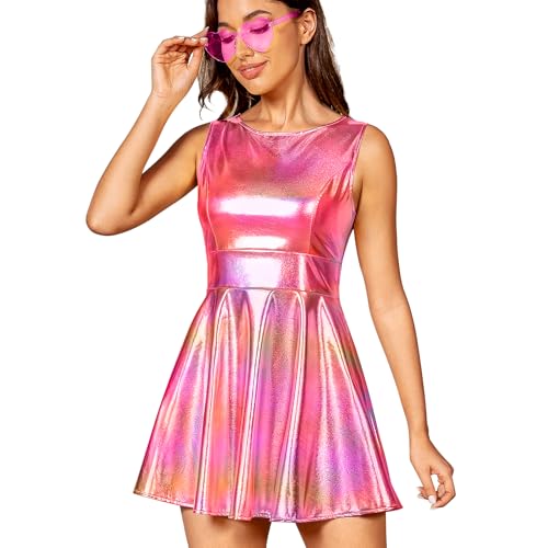 techcity Women's Metallic Shiny Dress Sparkle Flared Pleated Mini Dress with Glasses Club Party Disco Dance Costume